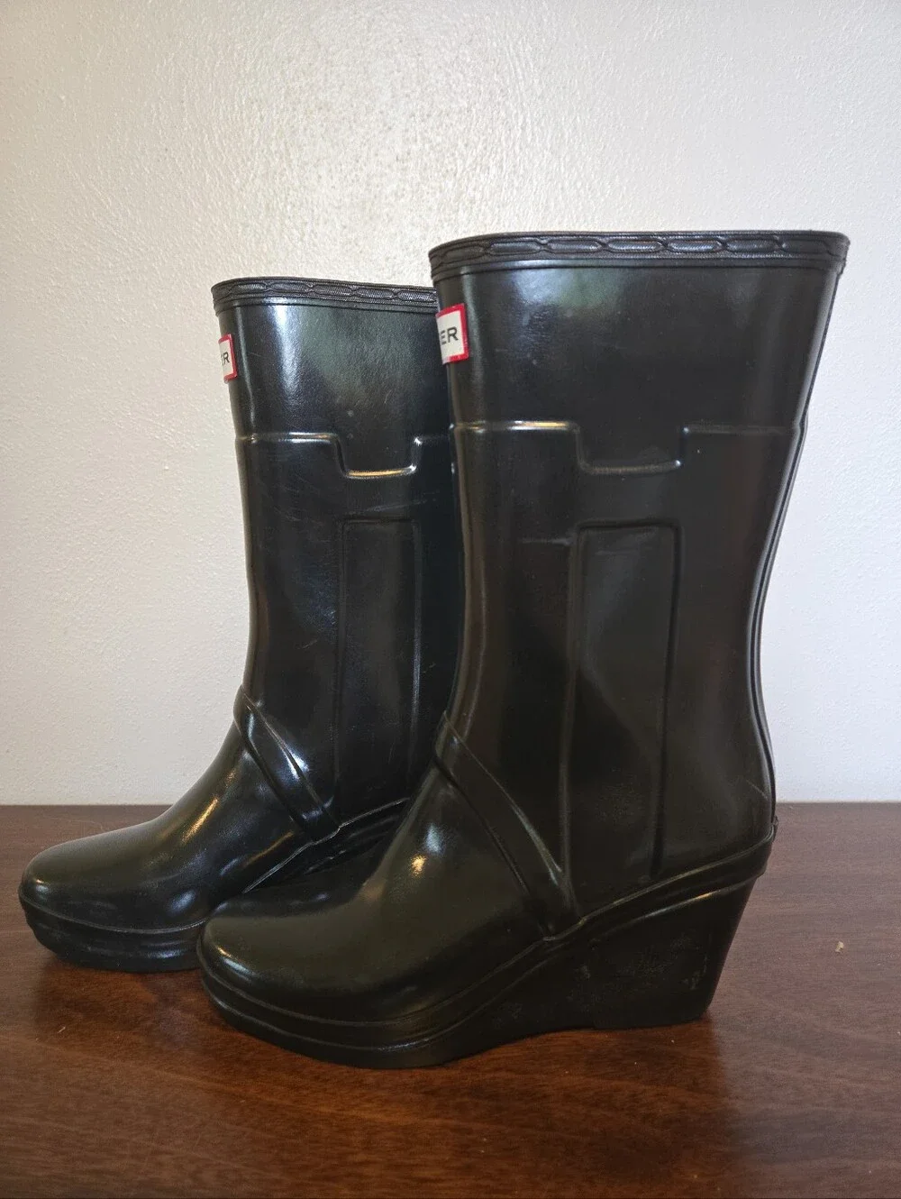 Hunter Kellan Wedge Round Toe Rain Boots Black 6